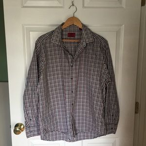 Grey red plaid fitted long sleeve collared shirt